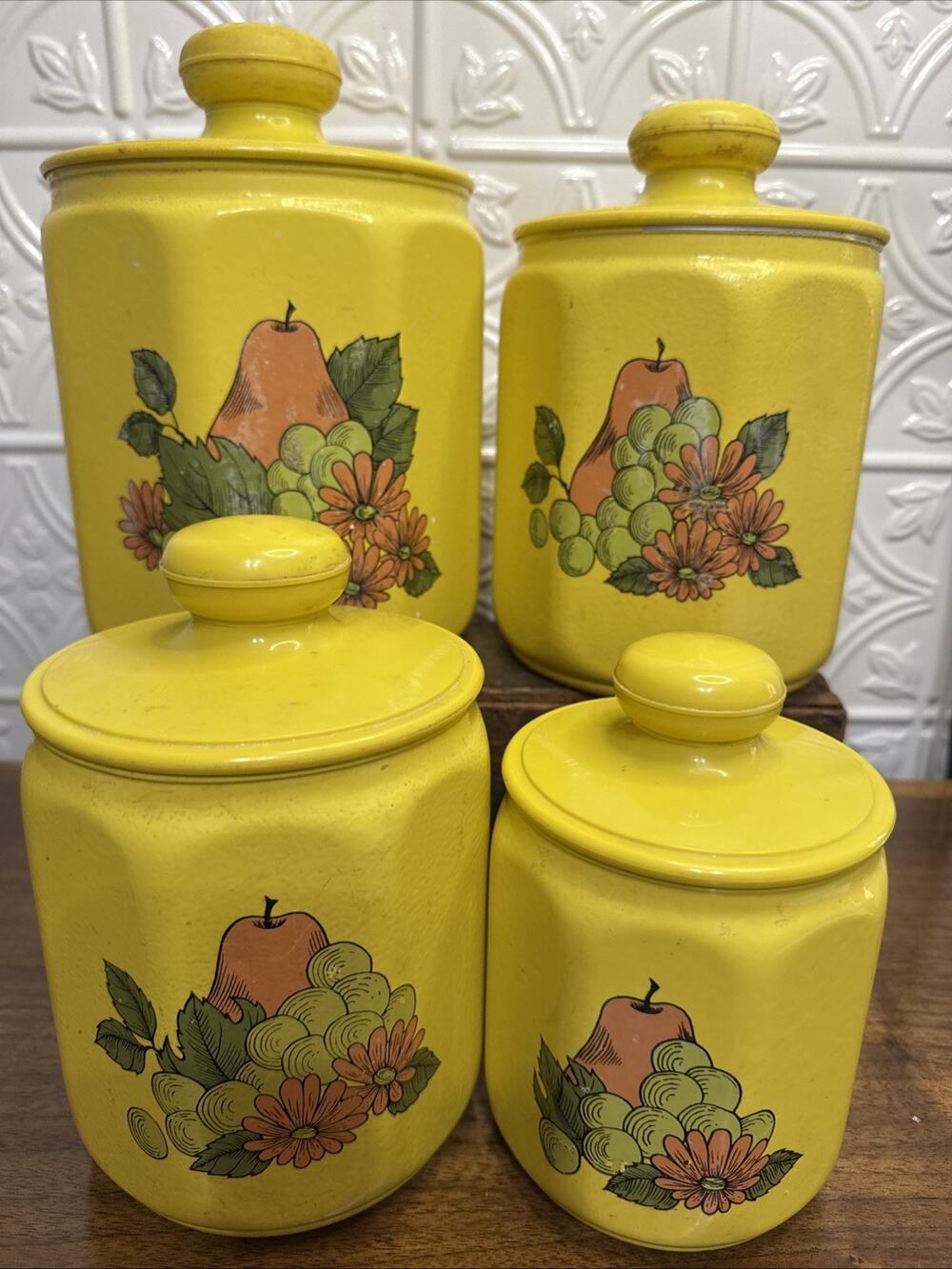 Vintage Kromex Faceted Aluminum 4 Canister Set Yellow Fruit Floral Plastic Lids